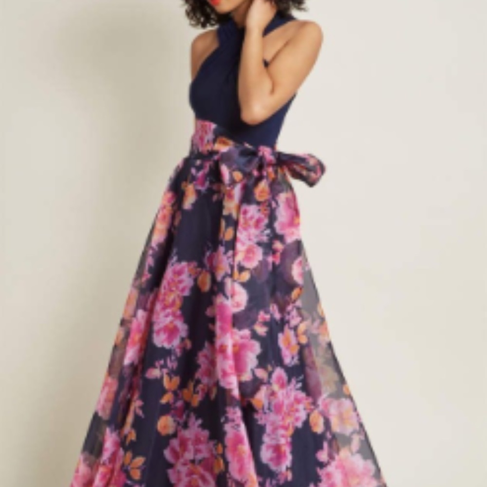 Eliza J Belted floral and flare gown